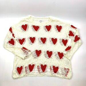 Macaron The Distressed Hearts Sweater Womens Sz M Cream Red Scoop Neck Oversized